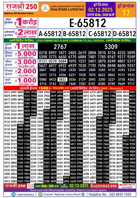 Rajshree 250 monthly lottery result 02 December 2025