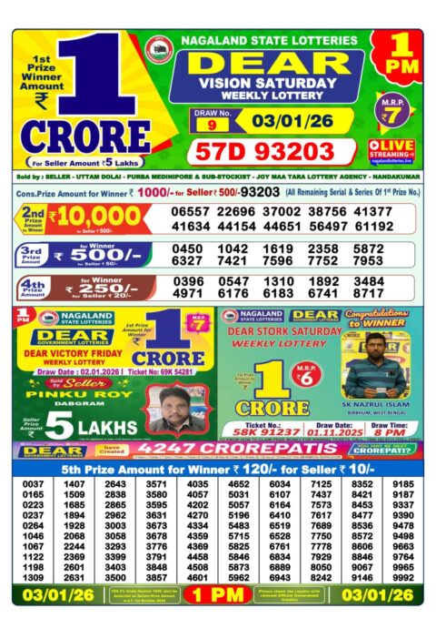Dear Lottery 1 PM Result Today – 03 January 2026 – Live Draw & Winners