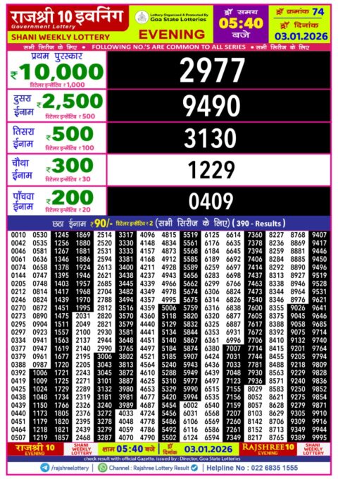 Rajshree Lottery Result 5:40 PM – 03 January 2026 – Live Draw & Winners