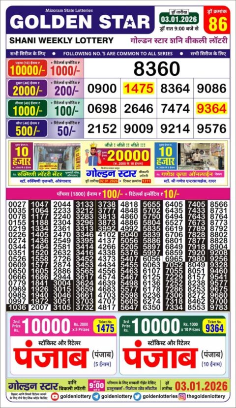 Golden Star Lottery Result 9 PM Today – 03 January 2026 – Live Draw & Winners